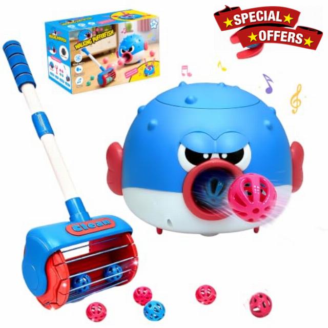Walking Pufferfish Toy with Music-Activated Ball Shooting & Storage Pusher – Enhances Coordination