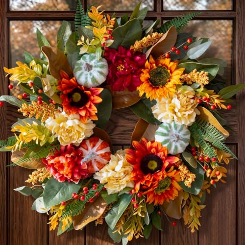 Pumpkin&Burgundy Peony- Indoor Outdoor Thanksgiving Wreath for Front Porch&Mantel