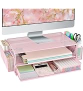 AUPSEN Pink Desk Organizers and Accessories, 2-Tier Wood Computer Monitor Stand with Drawer, Pen ...