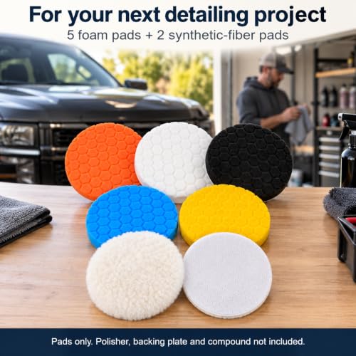 7-Pack                                                          5 honeycomb foam pads and 2 synthetic fiber pads with hook-and-loop backing for car detailing. Pads only.