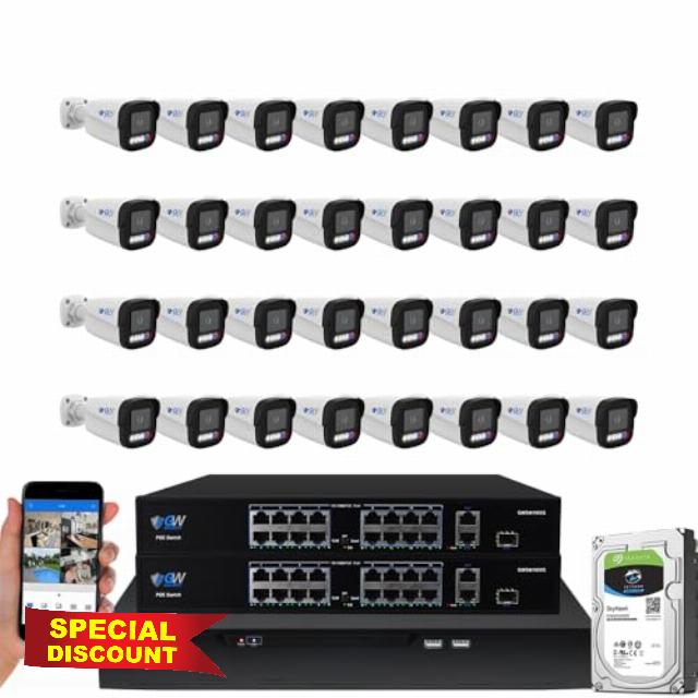 GW Security UltraHD 4K Face Recognition Two-Way Audio 32 Channel Security Camera System with 32 x 8MP Real-Time Full Color Night Vision Outdoor & Indoor AI PoE Bullet Cameras