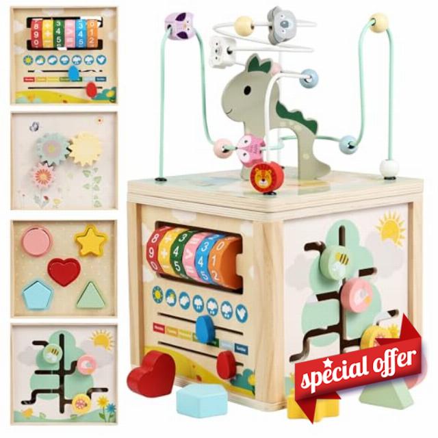 Wooden Activity Cube - 14.37IN 7-in-1 Montessori Toys for 1 2 3 Year Old                                                          Educational Shape Sorter Bead Maze Learning Toys Toddler 12-18 Months