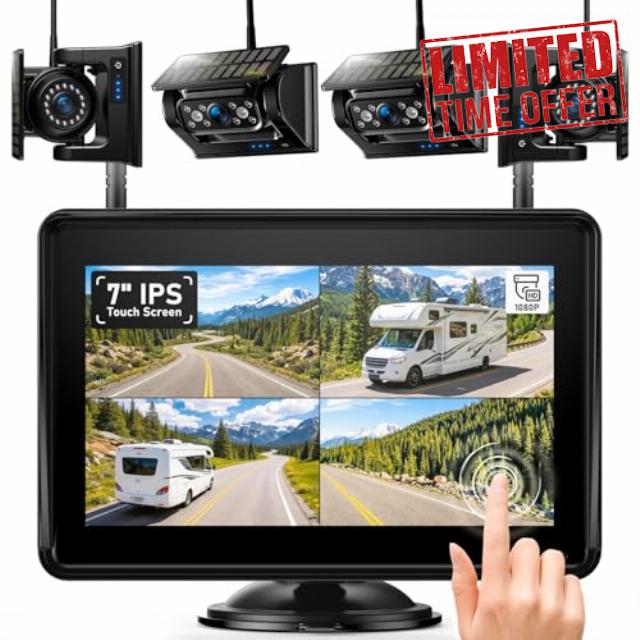 4 Magentic Solar Wireless Backup Camera HD1080P DVR 7" Touchscreen Monitor