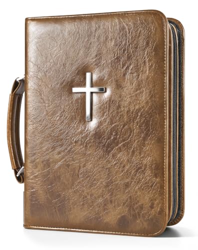 Vegan Leather Bible Bag with Handle and Pockets Bible Carrying Case with Metal Cross and Organizer Pockets for Church
