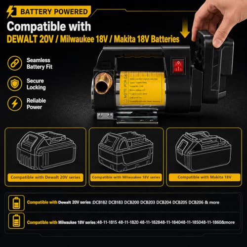 Leak-Proof&Lock-on(NOT for Gas) Diesel Transfer Pump Compatible with DeWalt 20V & Milwaukee 18V Batteries