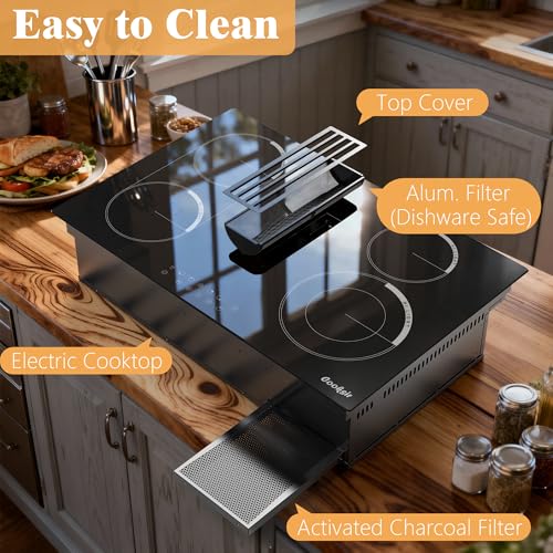 Recirculating Air Vent 7400W 30 Inches 4 Burner Built-in Electric Stove with Downdraft Range Hood 135W