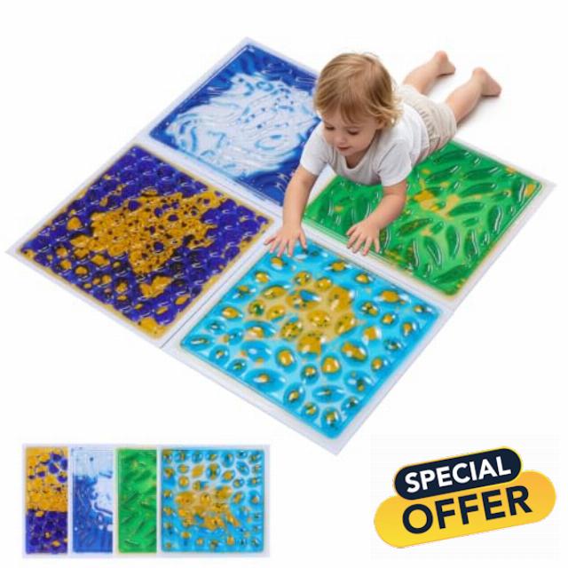 Sensory Floor Tiles for Kids: 4 Pack Textures Liquid Play Mat（12x12”）                                                          Keep visual discovery changing - pressure shifts the inner fluid into new patterns that make every press or step feel