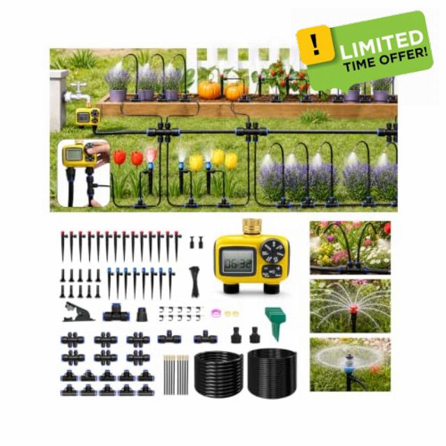 230FT Drip Irrigation System Kit with 2 Zone Smart Water Timer for Garden                                                          Quick-connect garden Auto watering system 34pcs 360° Nozzles & 6-Way Fast-Plug Kit for Lawn & Greenhouse