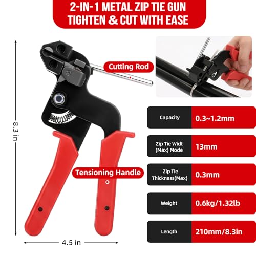 Red Heavy Duty Stainless Steel Cable Tie Gun Kit with 8 inch & 12 Inch Zip Ties for Chain Link Fence