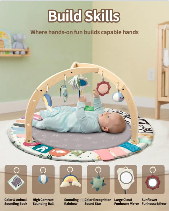 Montessori Tummy Time Mat with 6 Detachable Sensory Toys for Motor Skills Development