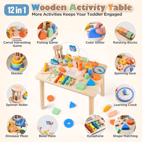 12 in 1 Wooden Montessori Toys for 1-3 Year Old Busy Board Activity Center with Bead Maze