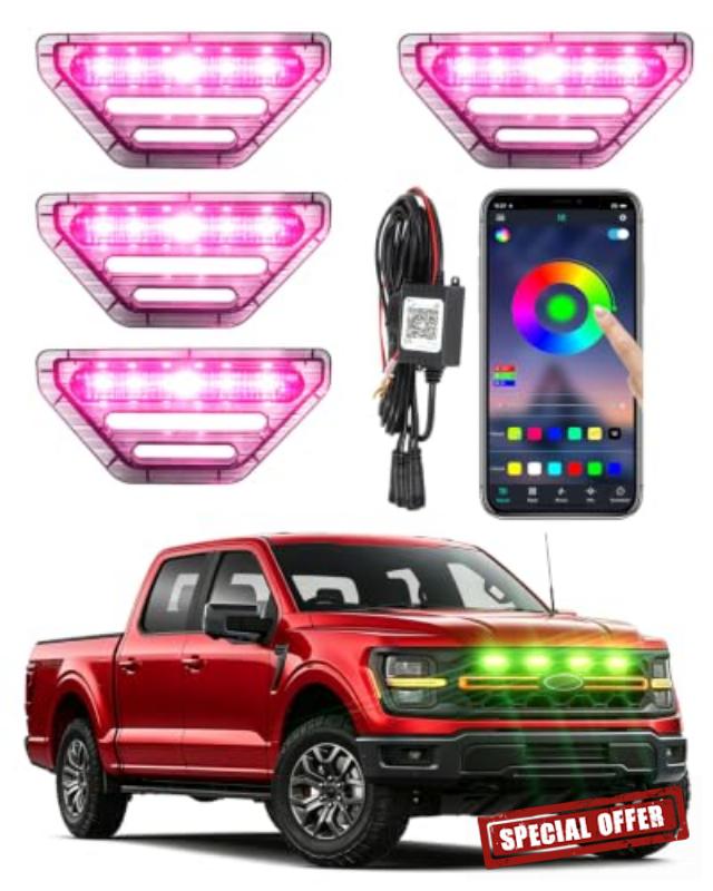 LED Grill Lights for 2024 2025 2026 Ford F150 Accessories Smoked Lens                                                          Racing Light Bar Kit Clip On Front Bumper Grille Insert