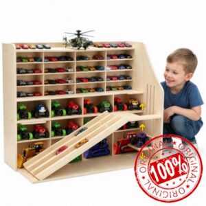 80+ Toy Car Large Garage Storage Display with Slide Runway & Racing Track                                                          Toy Cars Display Case Organizer for Hot Wheels
