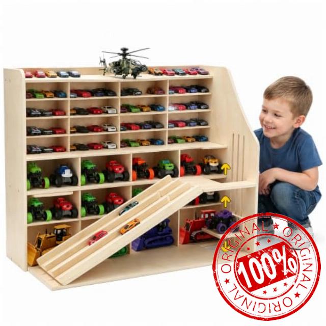 80+ Toy Car Large Garage Storage Display with Slide Runway & Racing Track                                                          Toy Cars Display Case Organizer for Hot Wheels