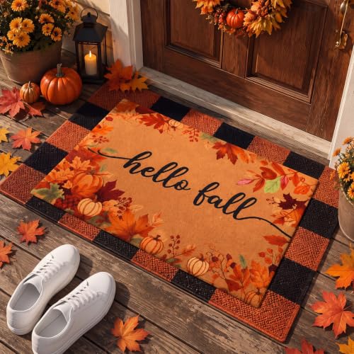 Orange Black Checkered Mat Non Slip Maple Leaf Pumpkin Design
