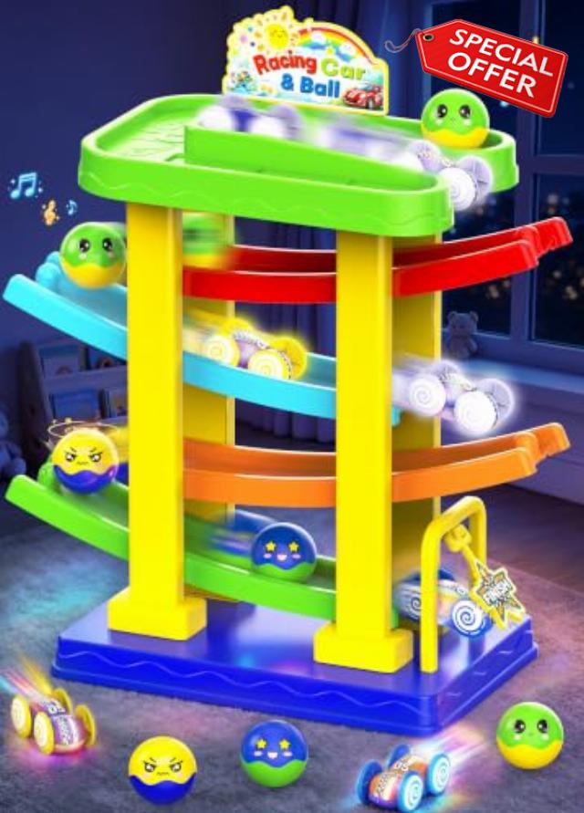 2-in-1 Car Ramp & Ball Drop Toy with 3 Sound Balls for Toddlers Ages 1-3                                                          Race