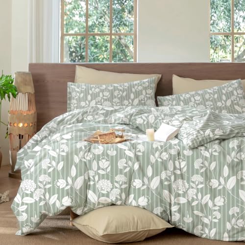 Sage Green Leaf Floral Stripe Duvet Cover Set