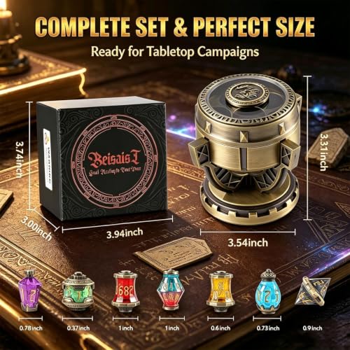 7Pcs Alchemist's Metallic Elixir Dice with Spinning Chalice Potion Metal Polyhedral Role Playing Dice