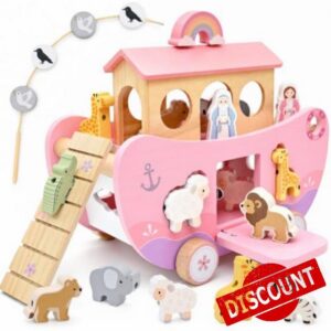 Pink Wooden Noah's Ark Toy for 1 Year Old Baby Girl Baptism Gifts                                                          Montessori Educational Toy • Animal Shape Matching • Fine Motor Skills • Christian Faith Learning • Bible Story Learning