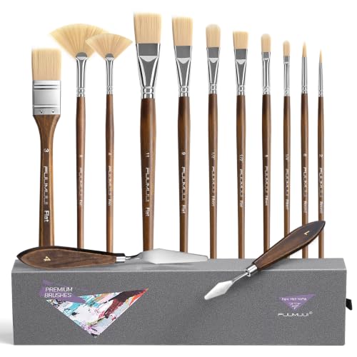 Synthetic Hog Hair Brushes Long Handle Hard Nylon Oil Paint Brush Professional 11 Pcs Brushes with 2Pcs Palette Knives Kit for Artists Beginners Oil Acrylic Painting