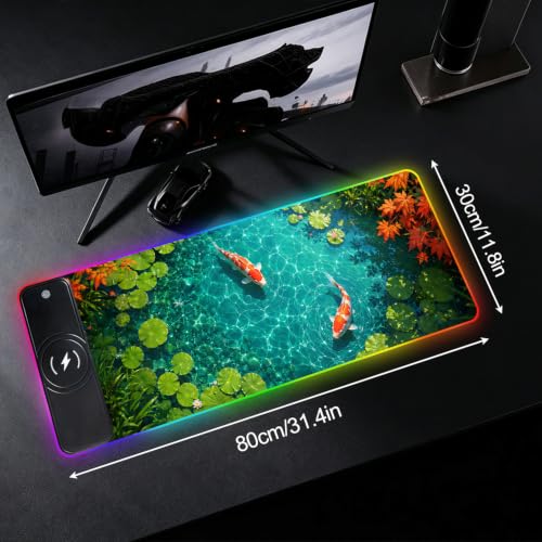 31.5"x15.8" Japanese Koi Large Gaming Desk Mat With Dual Wireless Charging