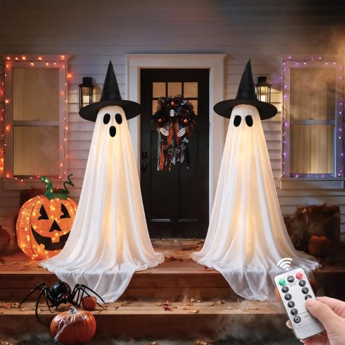 2 Pack 5FT Lighted Ghosts with Remote                                                          Remote Control with 8 Lighting Modes and 6H Timer for Outdoor Halloween Decor with DIY Ghost Faces for Yard Porch Garde