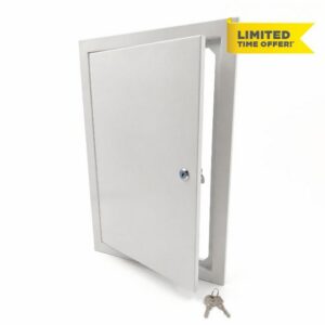 12x20 Steel Access Panel with Keyed Lock for Drywall Valves                                                          Constructed from 1.2mm galvanized metal featuring a secure keyed lock with 2 keys to protect utility wires.