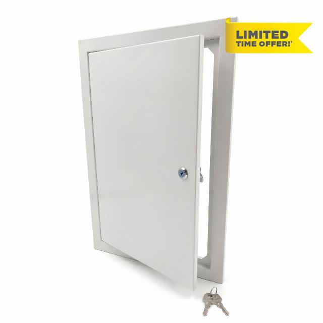 12x20 Steel Access Panel with Keyed Lock for Drywall Valves                                                          Constructed from 1.2mm galvanized metal featuring a secure keyed lock with 2 keys to protect utility wires.
