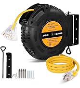 SURAIELEC 50 FT Retractable Extension Cord Reel, 14AWG/3C SJTW Power Cord Storage Reel, 3 Outlets...