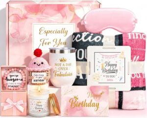 Happy Birthday Gifts Basket for Woman                                                          Unique Not A Day Over Fabulous Gifts Tumbler Set Ideas for Her Wife Daughter Mom Friend Coworkers - Happy Bday Blanket 50"x6
