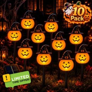 10 Pack Halloween Decorations Outdoor Pumpkin Moon Garden (Hat Pumpkin)                                                          Ghost Animatronic Witch Decor Solar Pumpkin Pathway Lights with Witch Hats for Yard Lawn Walkway Porch Garde