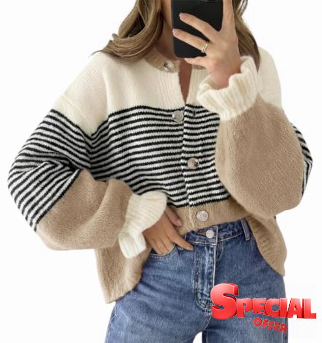 Saodimallsu Womens 2026 Fall Trendy Striped Cardigan Sweaters Ruffle Sleeve Button Up Loose Color Block Sweater Coats