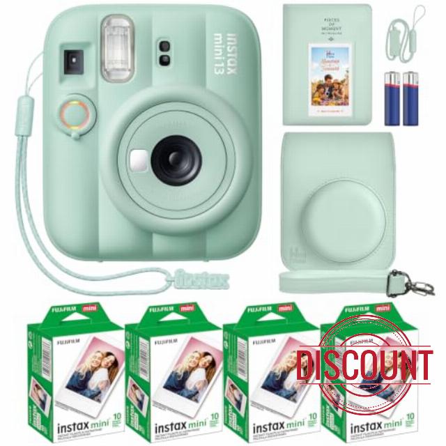 Fujifilm Instax Mini 13 Instant Camera Lagoon Green + MiniMate Accessory Bundle with Custom Case + Fuji Instax Film Value Pack (40 Sheets) & Photo Album
