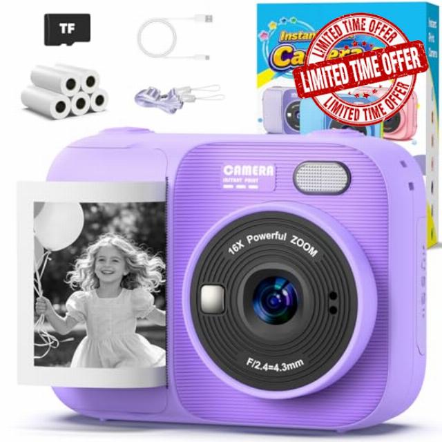 Kids Instant Print Camera with 5 Rolls Print Paper