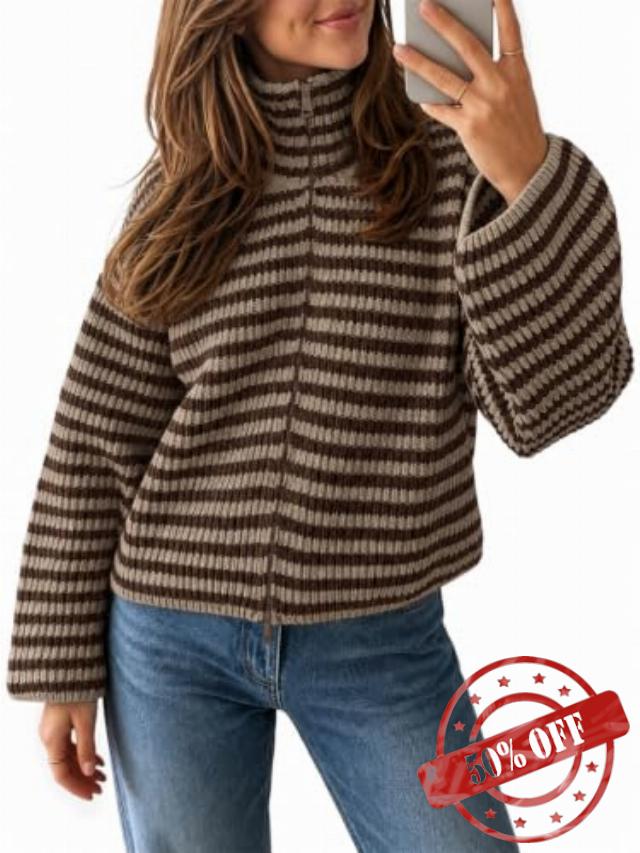 Saodimallsu Womens Striped Zip Up Sweaters Mock Neck 2026 Fall Trendy Casual Long Sleeve Loose Fit Knit Cardigan Tops