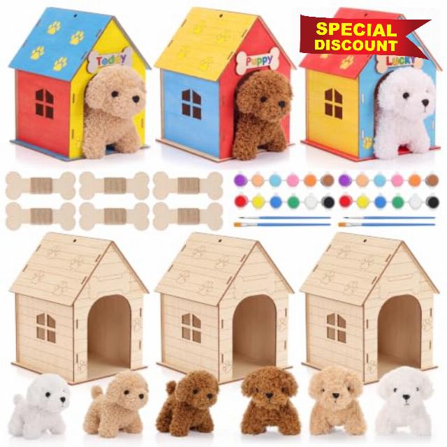 DoubleFill 6 Set Adopt a Puppy Craft Kit Wooden Dog House Party Favor                                                          Wooden Dog House Boxes