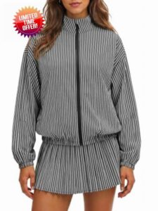 Fisoew Womens Tennis Jackets Striped 2 Piece Outfits Casual Matching Sets                                                          Stand Collar