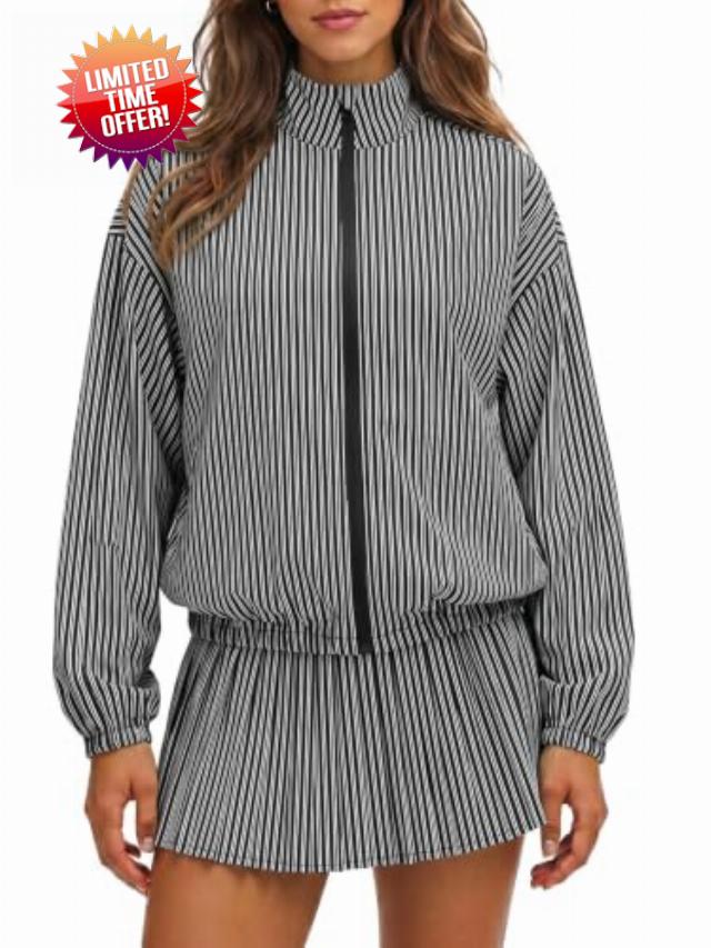 Fisoew Womens Tennis Jackets Striped 2 Piece Outfits Casual Matching Sets                                                          Stand Collar