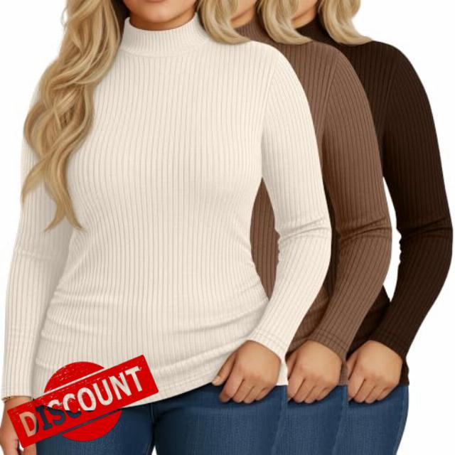 Riyiper 3 Pack Womens Plus Size Turtleneck Top Ribbed Base Layer                                                          Long Sleeve Mock Turtleneck Shirts