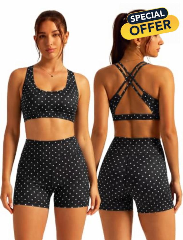 ABOCIW Gingham Workout Sets for Women Two Pilates Yoga Outfits                                                          Cute Cross Back Sports Bra