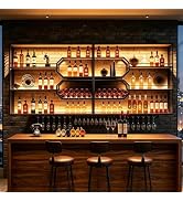 Zctptp Wall Wine Rack with LED, Industrial Iron & Walnut | Iron & walnut wood, LED strip light in...