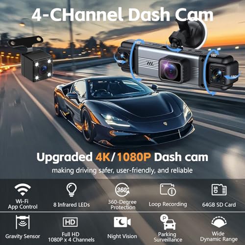64GB Card Included 4K+1080P*3 FHD Car Camera