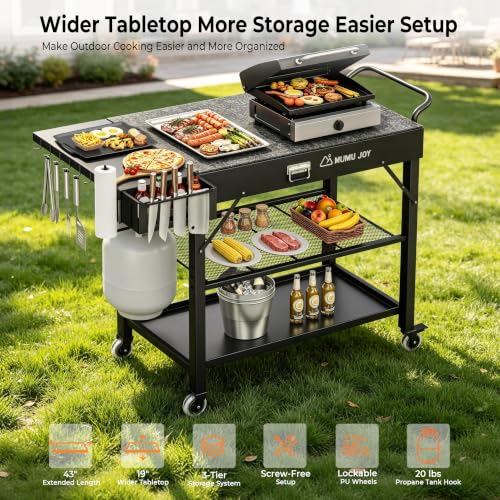 3 Tier Foldable Grill Table with Wheels 500 Lb Tool-Free Setup and Locking wheels Blackstone Table adds prep space for 17” or 22” Blackstone