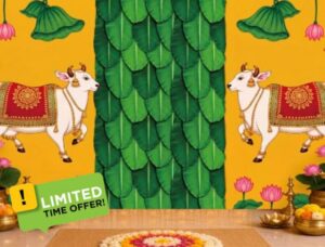 Gilprop 9 x 6 ft Indian Pichwai Backdrop Traditional Kamdhenu Banana Leaves Lotus Backdrop Decor Indian Pooja Props Banner for Navratri Festival Ganesh Chaturthi Mehndi Wedding Seemantham Decoratio