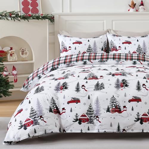Christmas Tree Red Cabin King Comforter Cover Plaid Printed Reversible Holiday Bedding Set with 2 Pillow Shams