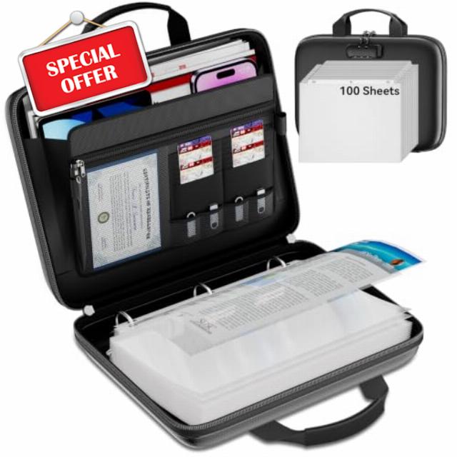 Tamfile Fireproof File Organizer with D-Ring Binder & 100 Sheet Protectors                                                          Hard Case Important Document Organizer with Zipper & Lock