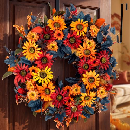 Sunflower Fall Wreath with Hanger Large Orange Artificial Autumn Wreaths with Flowers Leaves for Outdoor Window - Thanksgiving Harvest Wreath Fireplace Deco