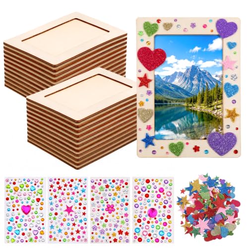 Unfinished Wooden Photo Frames with Diamond and Foam Stickers for Birthday