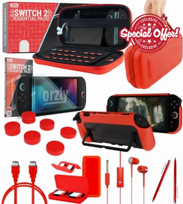 Orzly Switch 2 Accessories Bundle Carry Case & Screen Protector for Nintendo Switch 2 (2025) Console