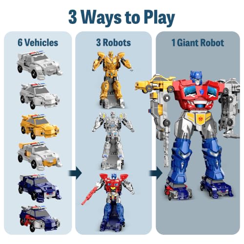 6 Vehicles Transforming Toys for boys 6-8 Combine 6 Cars into 3 Robots or 1 Large Robot with Accessories